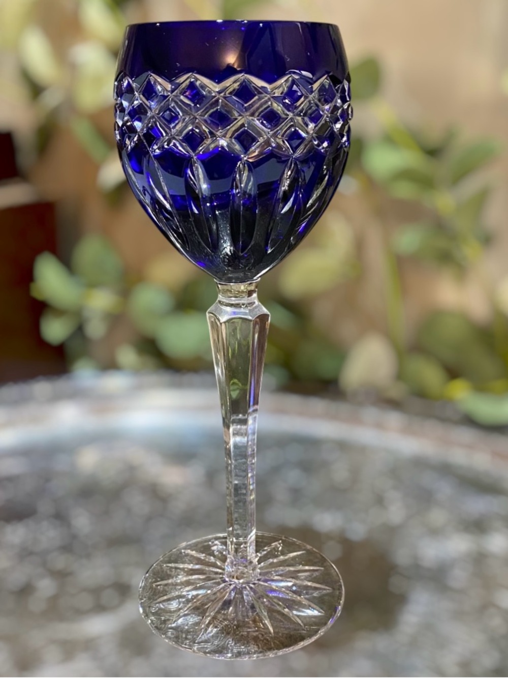 Vintage Ajka Hungary Cadessia Cobalt Blue Crystal Wine Hock Glass Cut to Clear